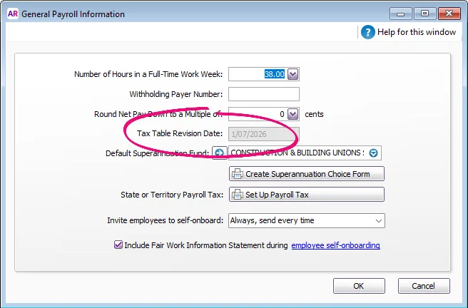 Example general payroll information window with tax table revision date highlighted