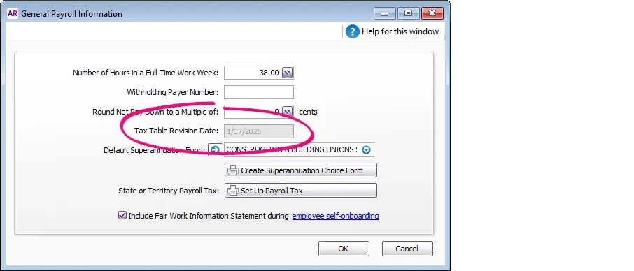Example general payroll information window with tax table revision date highlighted