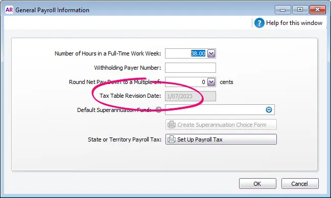 General payroll information window with 1 july 2023 date shown