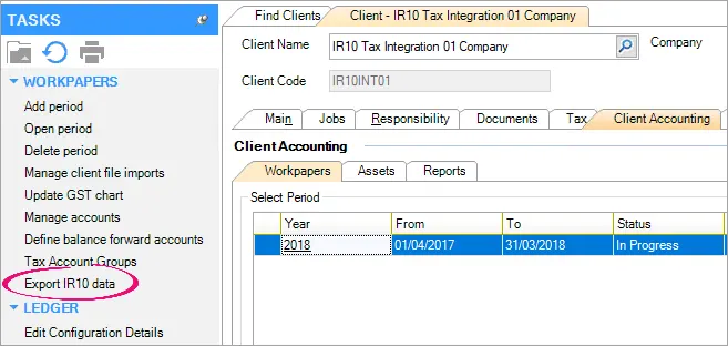 Export IR10 data option highlighted on the Tasks bar with the Client - IR10 Tax Integration 01 Company open on the right of the Tasks bar