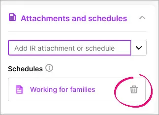 Rubbish bin icon highlighted next to the Working for families schedule