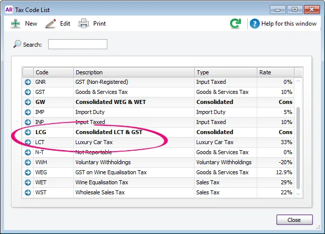 LCT tax codes