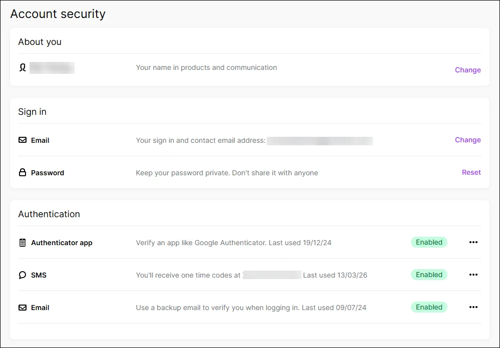 Account security page in My Account