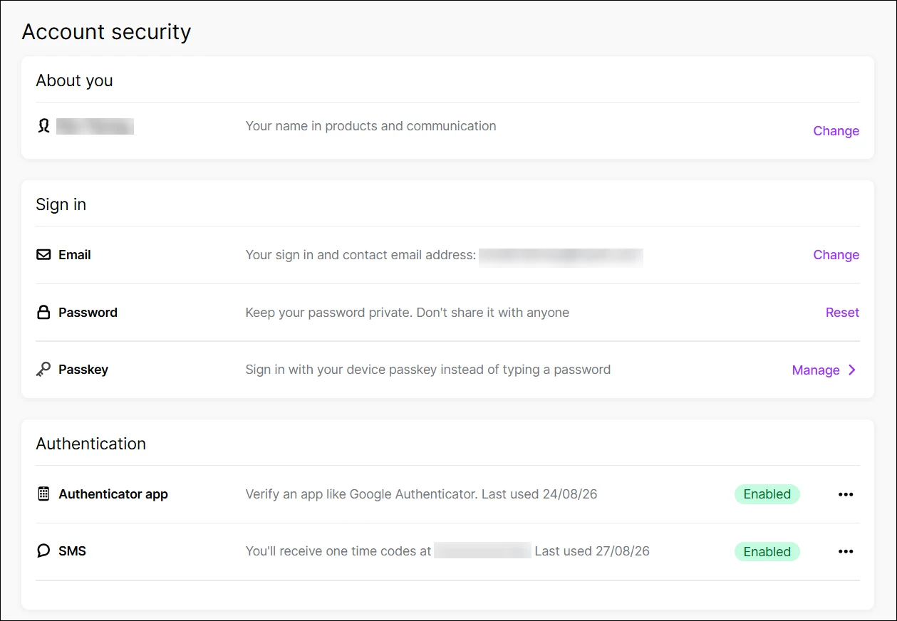 Account security page in My Account