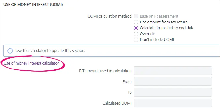 The Calculate from start to end date option selected and the Use of money interest calculator option highlighted