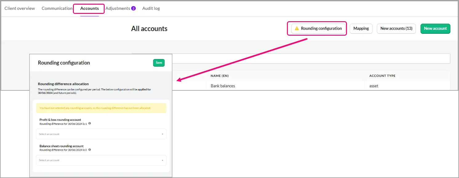Rounding configuration window opened from the Rounding configuration button in the Accounts tab