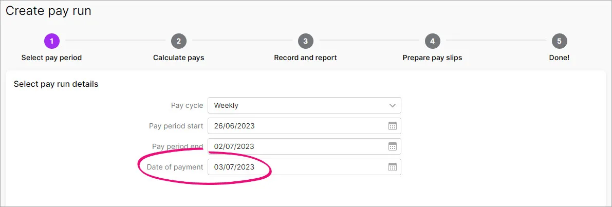 Example pay run with July date of payment highlighted