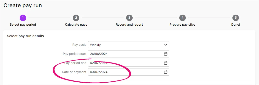 Example pay run with July date of payment highlighted