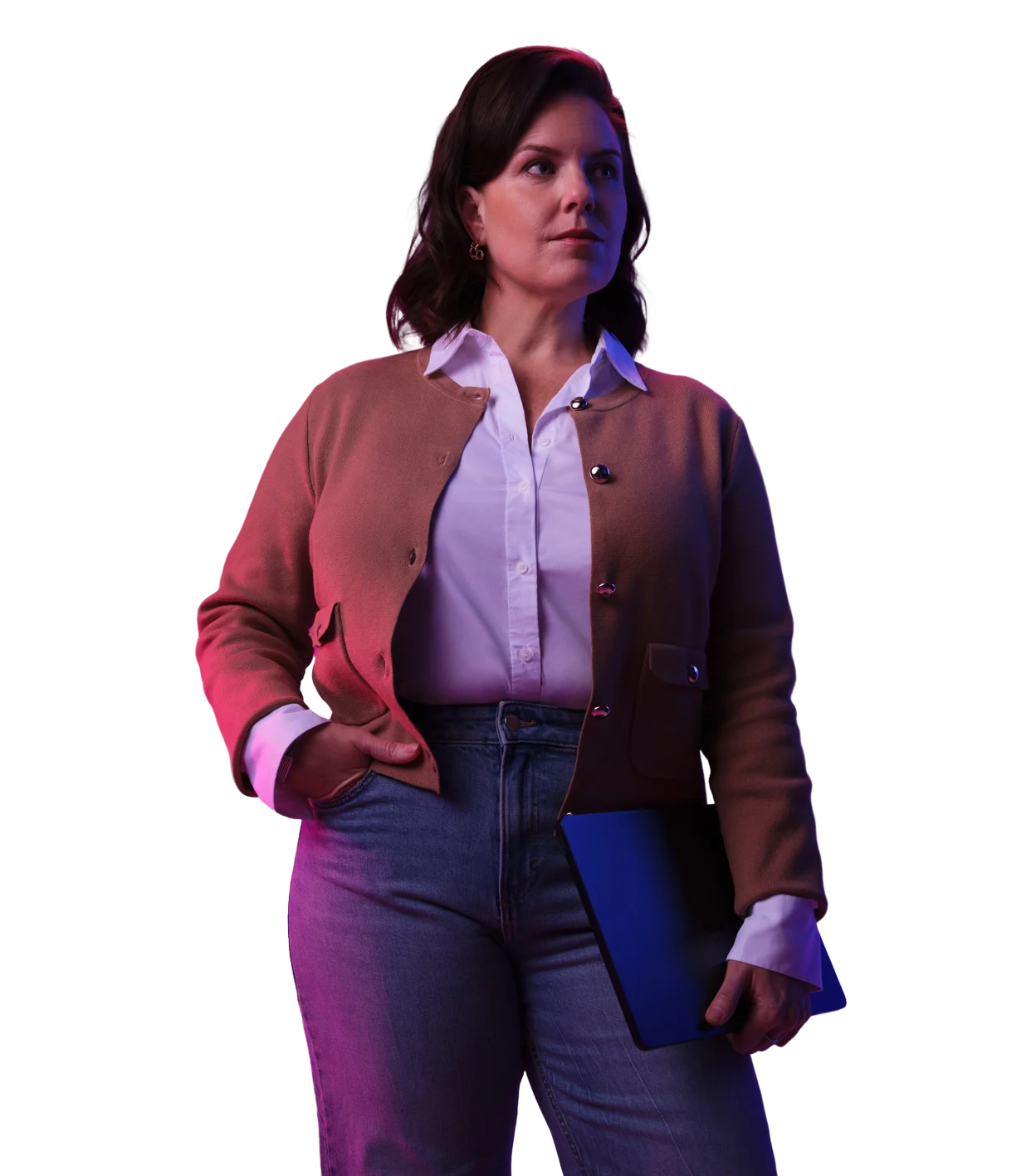 Person in pink jacket over white shirt and jeans, holding blue folder, illuminated by colorful lighting.