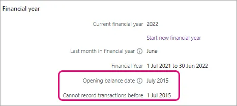 Financial year settings in browser with Opening balance date highlighted