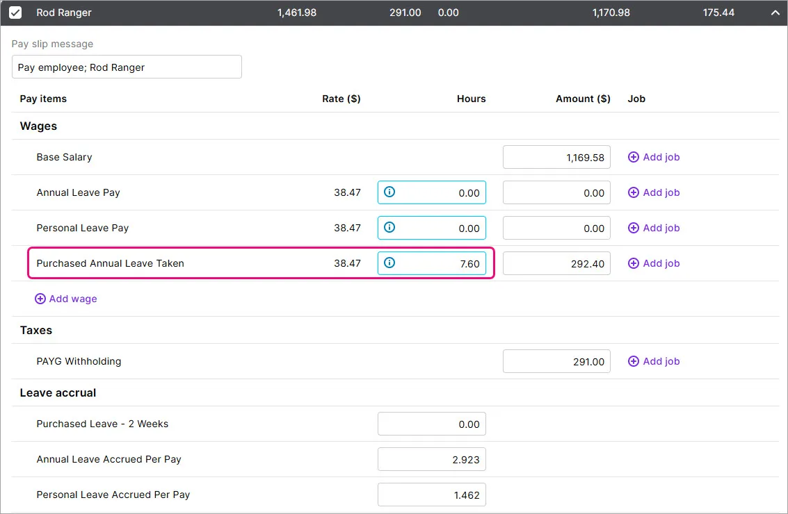 Example pay with 7.6 hours entered against the purchased leave taken pay item
