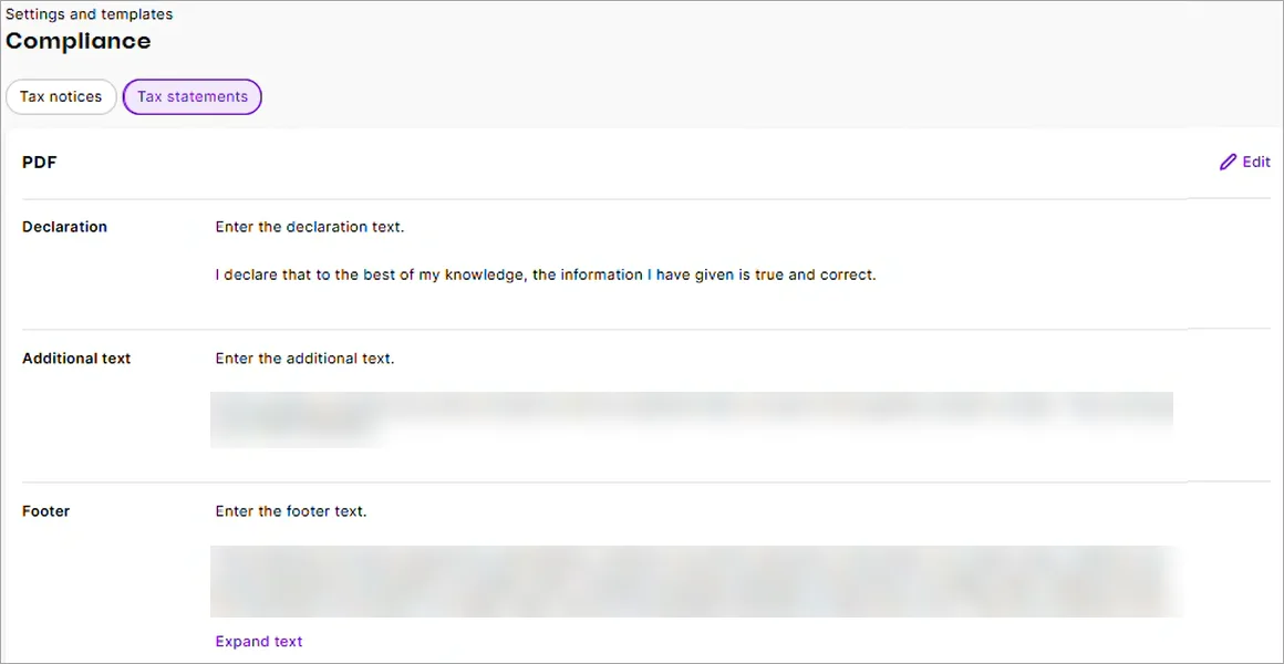 Compliance Tax statement Declaration, Additional text and Footer fields