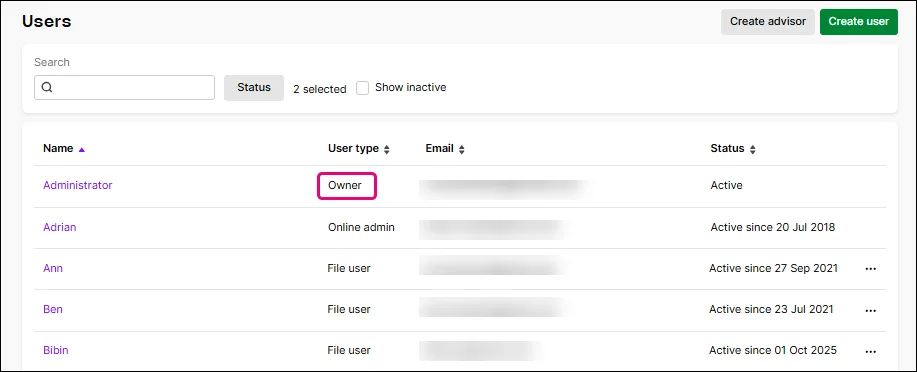 The Owner is listed on the Users page