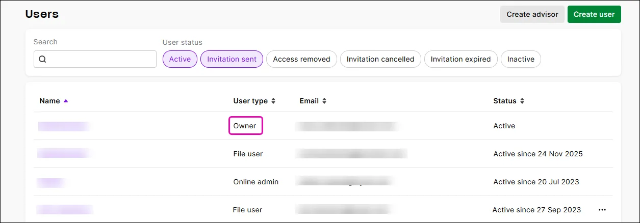 The Owner is listed on the Users page