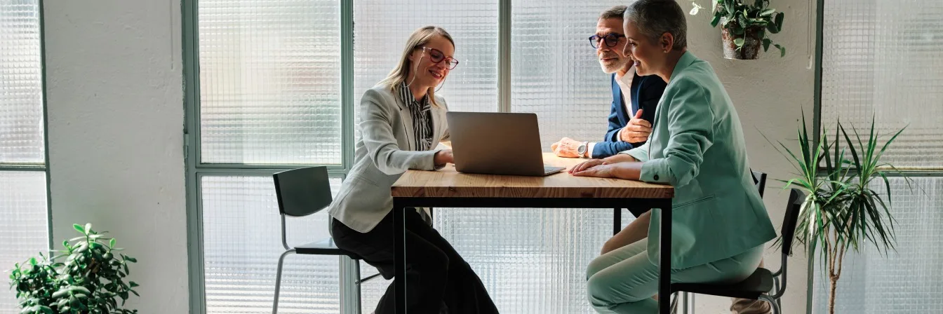 Three professionals in business attire meeting at a wooden table with laptop in bright office with plants and large windows.