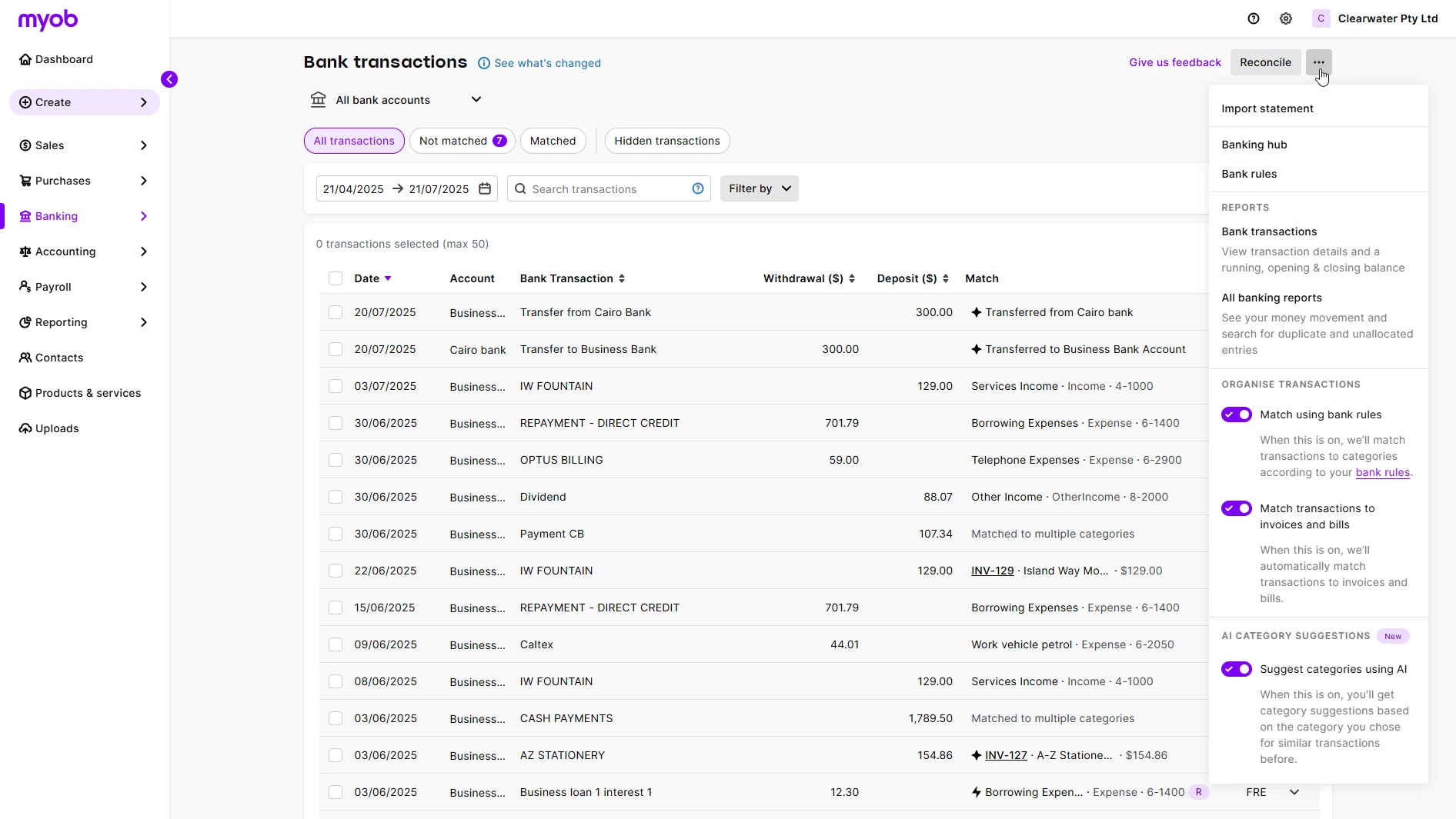 Bank transactions window showing automatic matching options