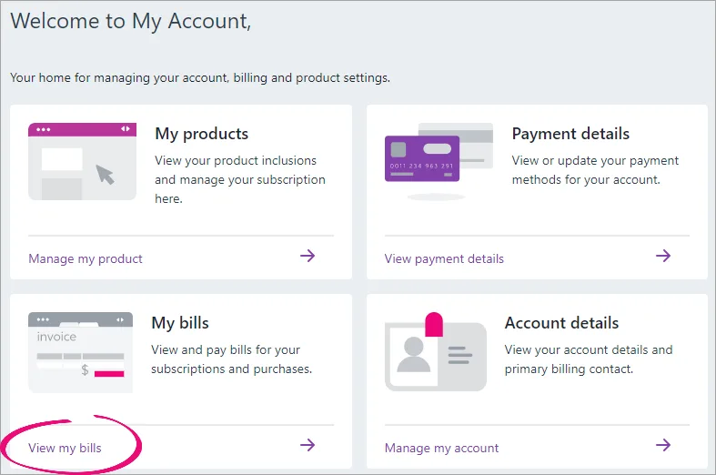 My account screen with view my bills link highlighted