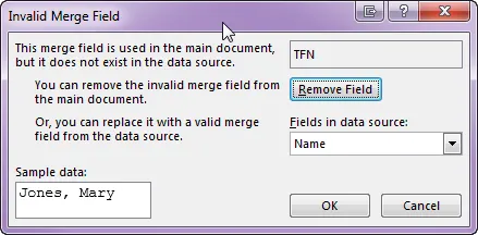 Example invalid merge field window