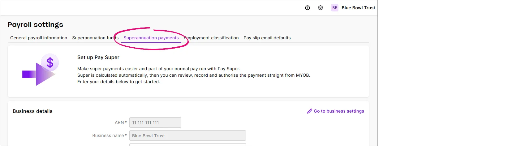 Example super settings page
