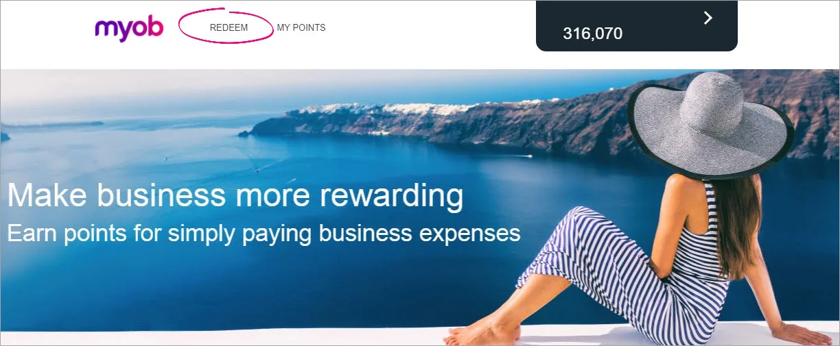 Image of MYOB Rewards home page with redeem highlighted