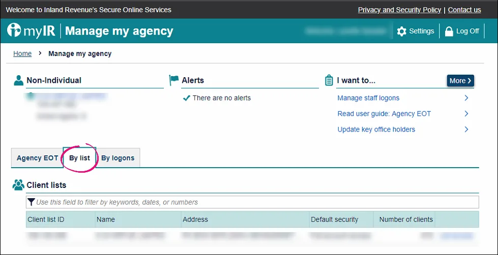 By list tab highlighted on the Manage my agency page in myIR