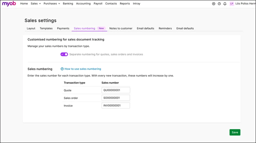 Sales settings page with Sales numbering tab shown