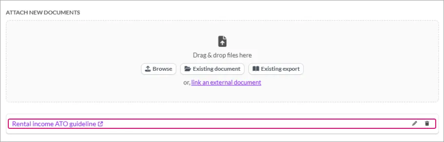 Attach new document window showing a link to the attached document