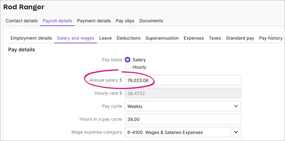 Example employee record with annual salary field highlighted