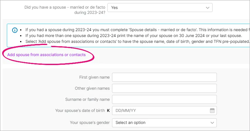 Add spouse from associations or contacts option highlighted