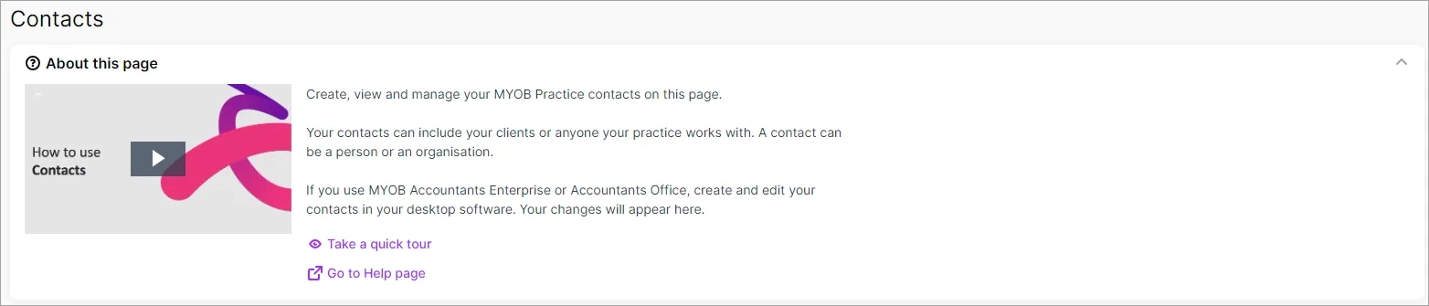 The Contacts page showing a collapsible "About this page" panel, with a video and text about using the Contacts page, and links to a tour and more help.