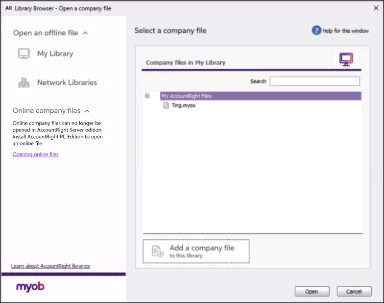 Library Browser window AccountRight Server Edition