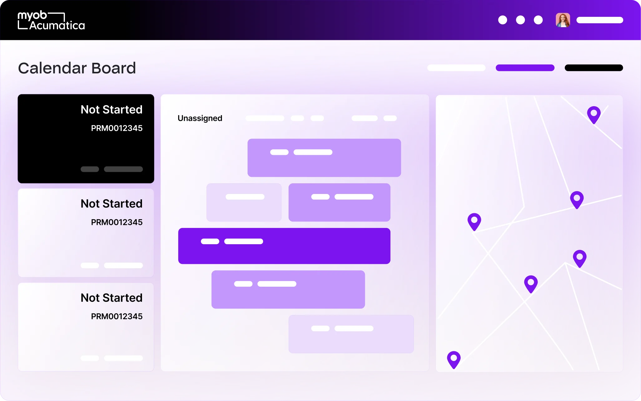 MYOB Acumatica Calendar Board interface showing task cards in "Not Started" and "Unassigned" columns with a map view on the right.