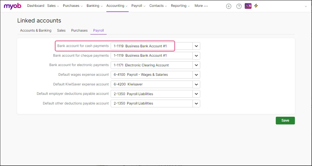 Linked payroll bank account for cash payments