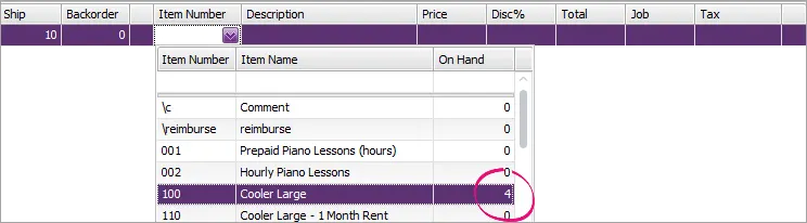 Example invoice with item number field clicked and items on hand highlighted