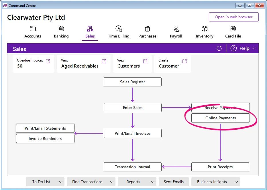 Example Sales command centre with Online Payments button highlighted