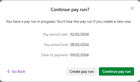 Example prompt to resume or create pay run