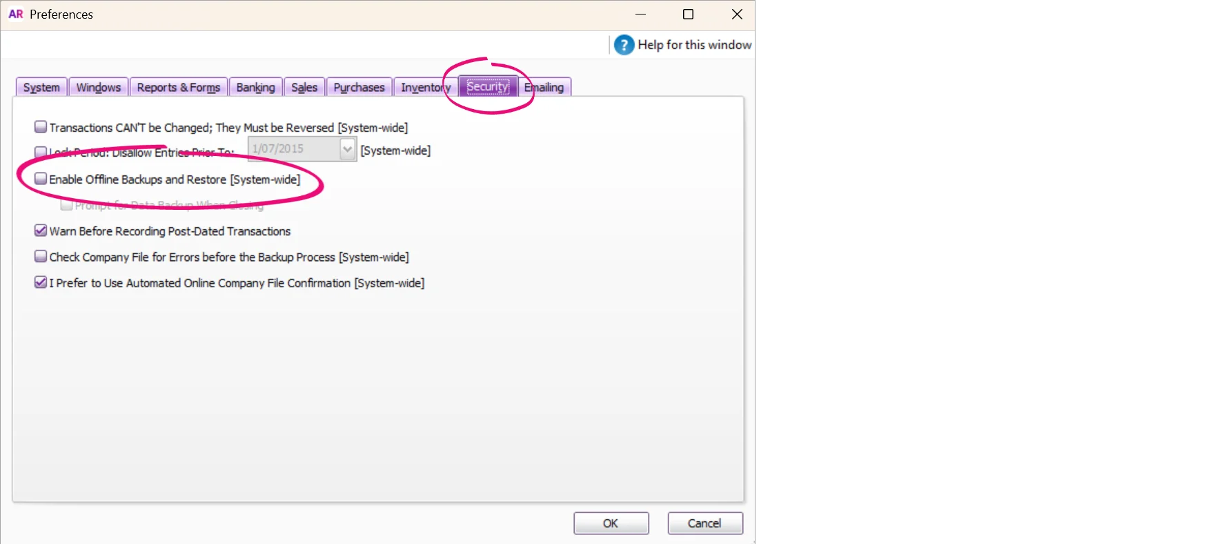 Example preferences window with offline backup preference highlighted
