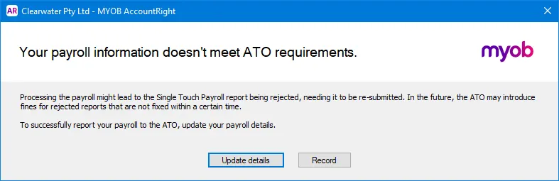Example alert that some payroll information need updating
