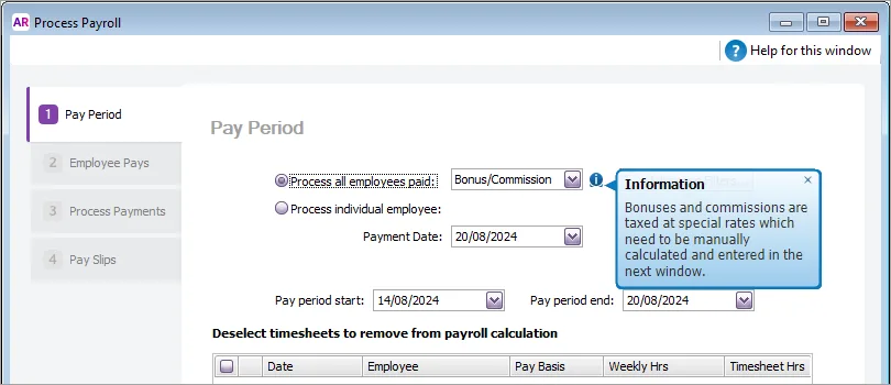 Example pay run with bonus commission selected