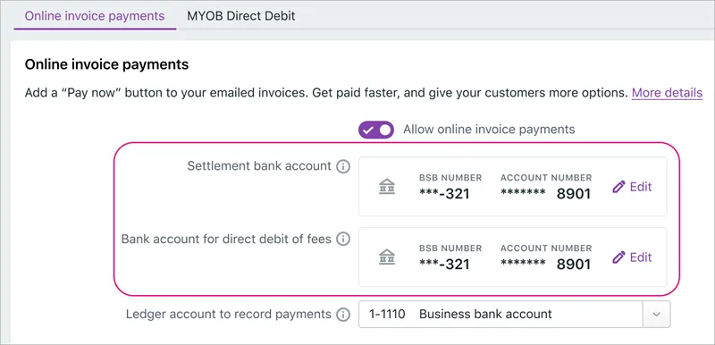 Example online invoice payments accounts highlighted