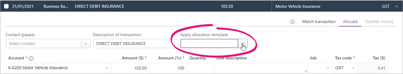 Transaction on the bank transactions page with allocation template field highlighted