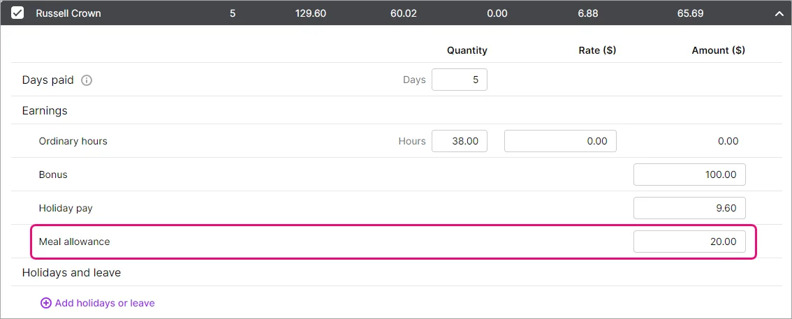 Example pay with meal allowance highlighted