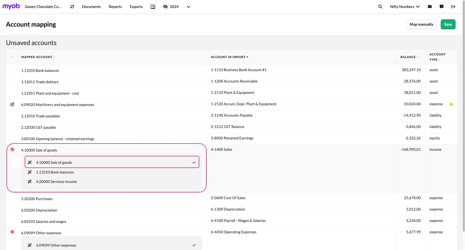 Account mapping Unsaved account example Sale of goods 4.10000 and 4.50000