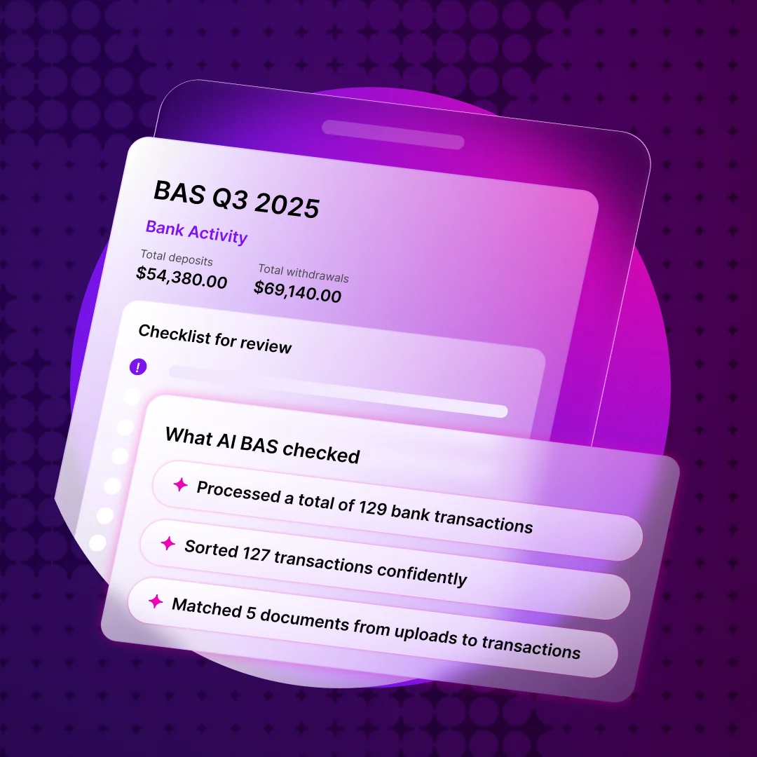 A BAS Q3 2025 financial dashboard on a purple background showing bank activity and an AI-checked transaction checklist.