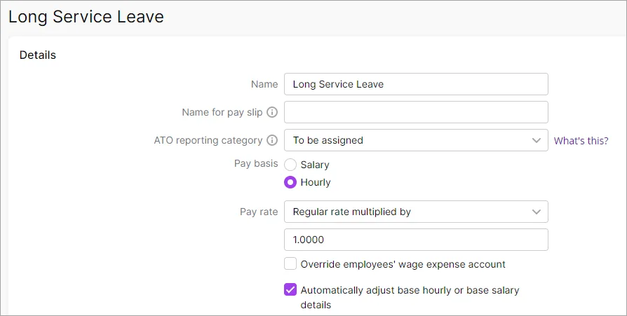 Example long service leave wage pay item setup