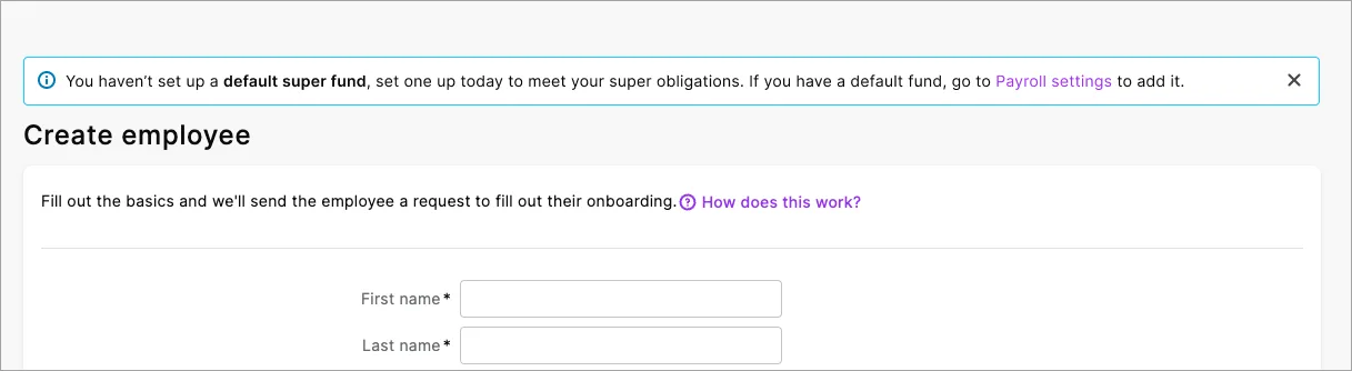 Example new employee creation screen with default super fund message at the top