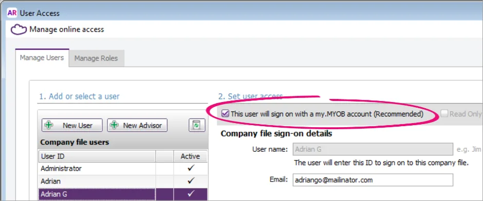 User has option selected to sign on with myob account details