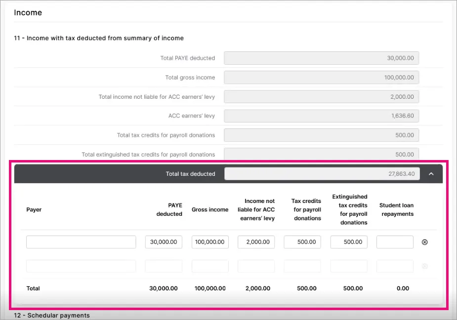 Fields showing details of the Income field section