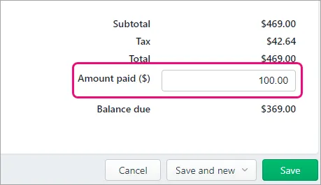 Amount paid field highlighted on a purchase order
