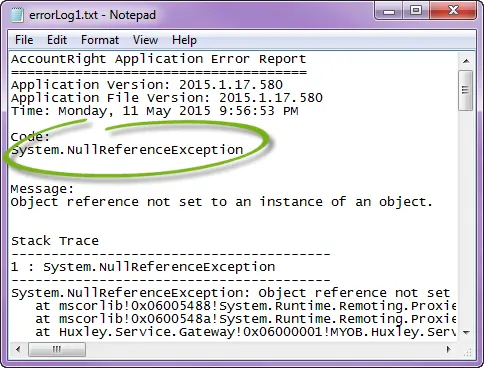 Example error log with error code highlighted